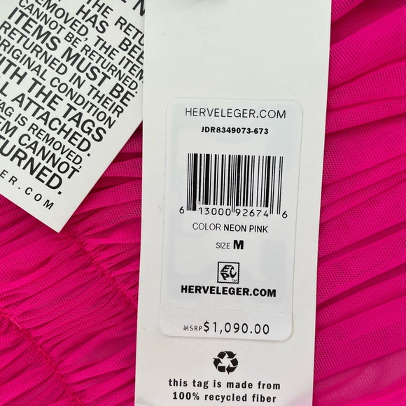 💞NWT HERVE LEGER one-shoulder draped jersey mini dress in neon Pink, size M - Picture 9 of 17